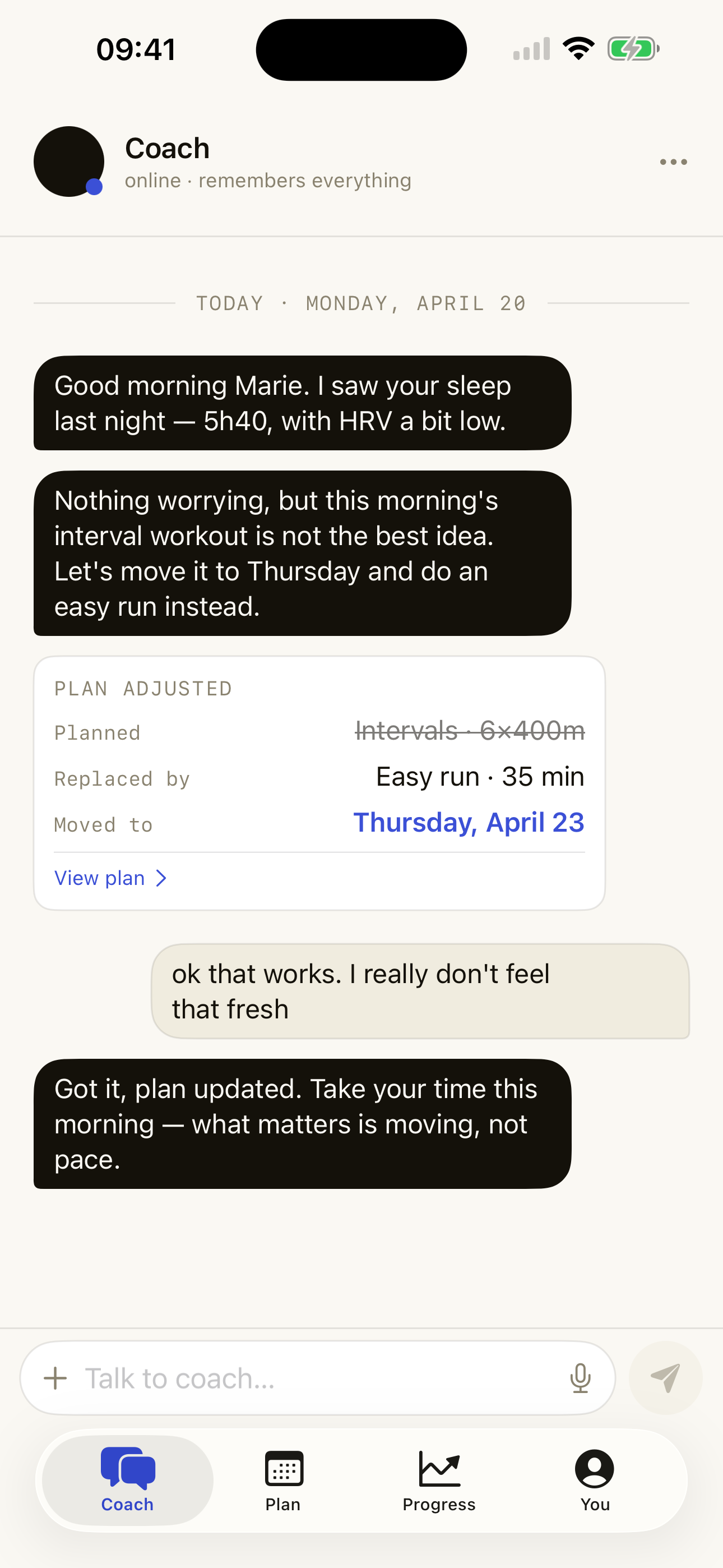 Coach conversation screenshot from Heyfox Running