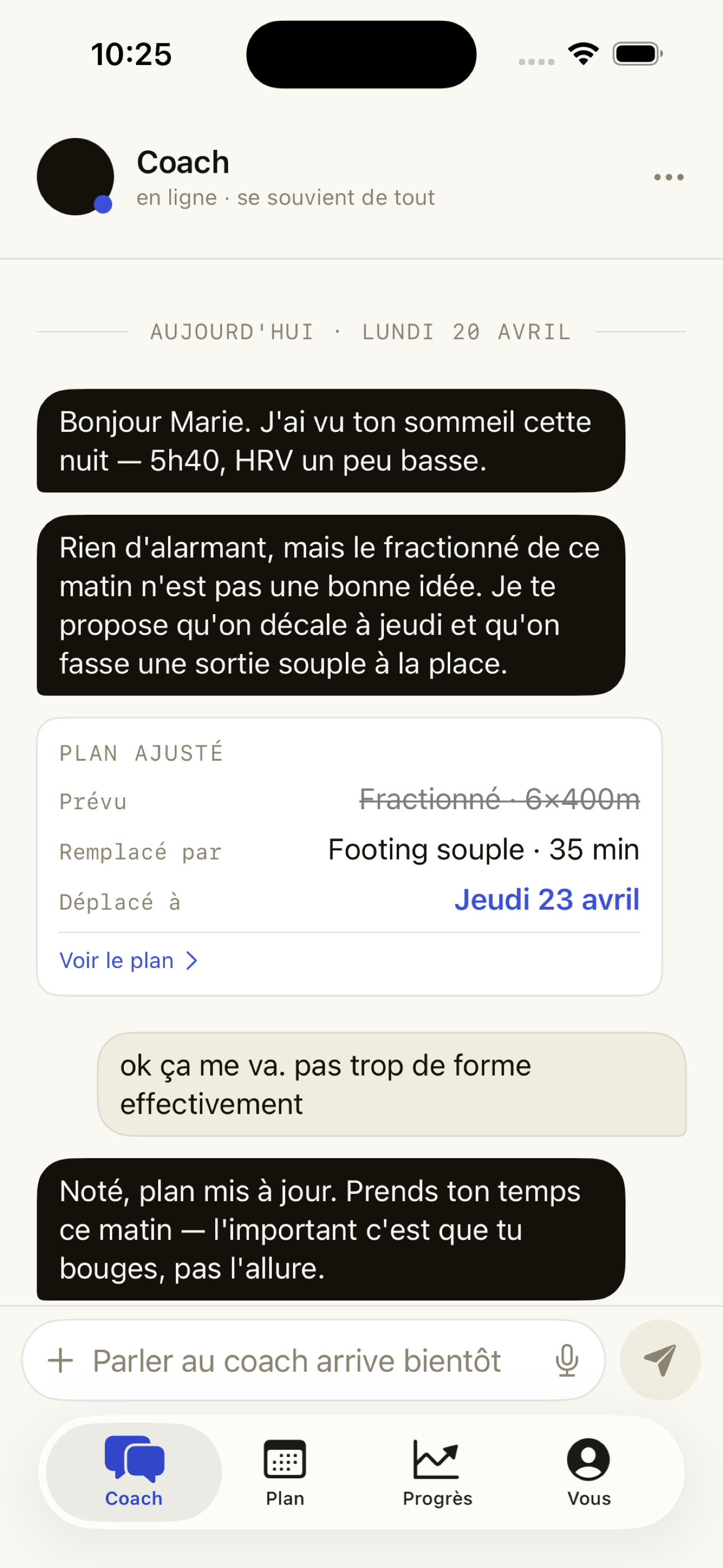 Capture du coach conversationnel Heyfox Running