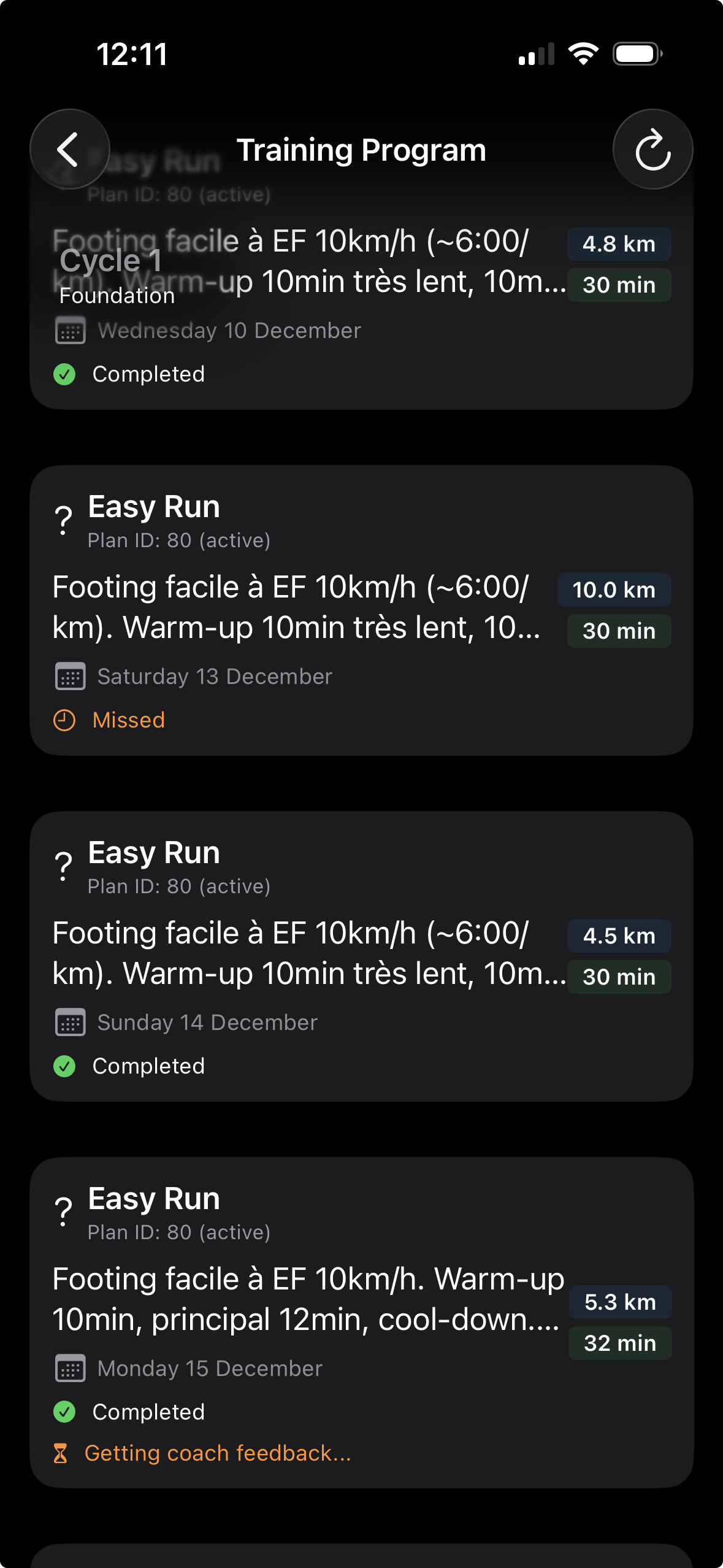 Heyfox running app training program view with completed and upcoming runs synced from Apple Watch